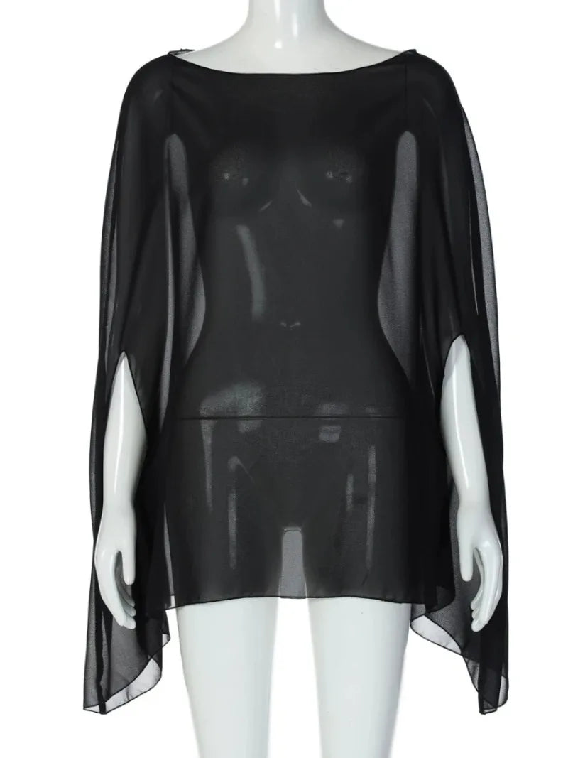 Women's Chiffon See-through Blouse — Elegant Sexy Night Club Cover-up Top