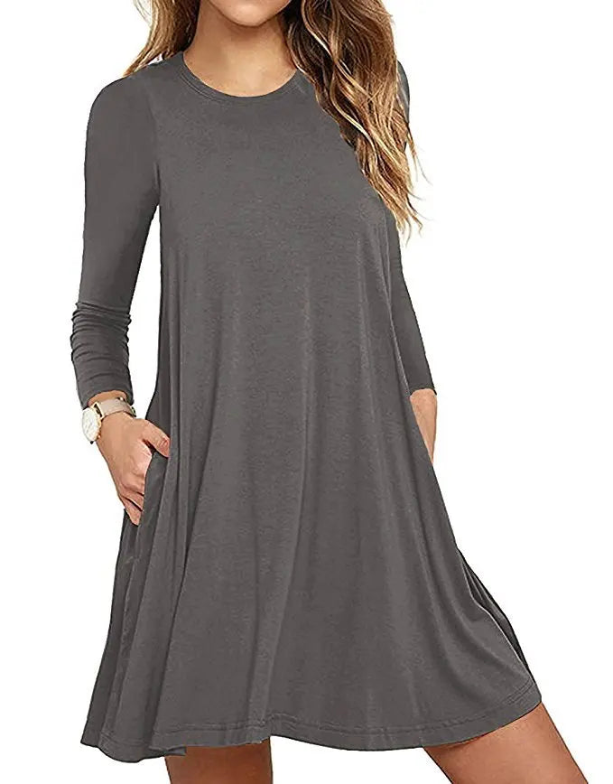 Women's Clothing New Autumn Winter Dress Solid Color Round Neck Swing Pocket Swing