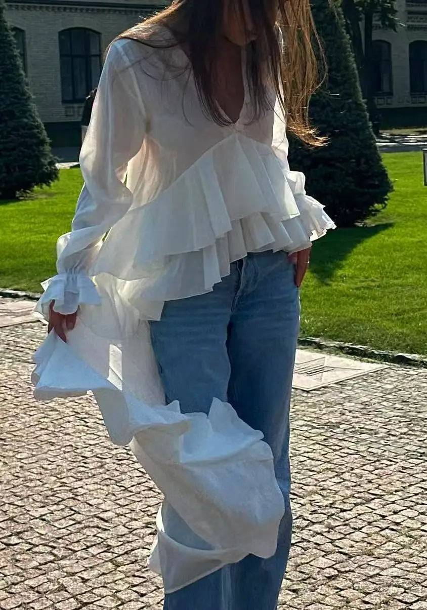 Women's Clothing 2025 Spring And Summer New Sweet And Fresh V-neck Long Sleeved Irregular Hem Shirt Women's Top