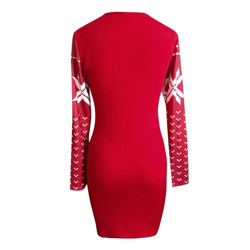Women's Clothing Autumn Christmas Printed Tight Hip-hugging Dress Long-sleeved Slimming T-shirt Short Skirt