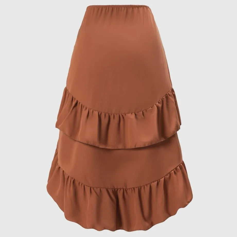 Women's High Waisted Ruffled Hem Skirt — Patchwork Slimming Half Skirt