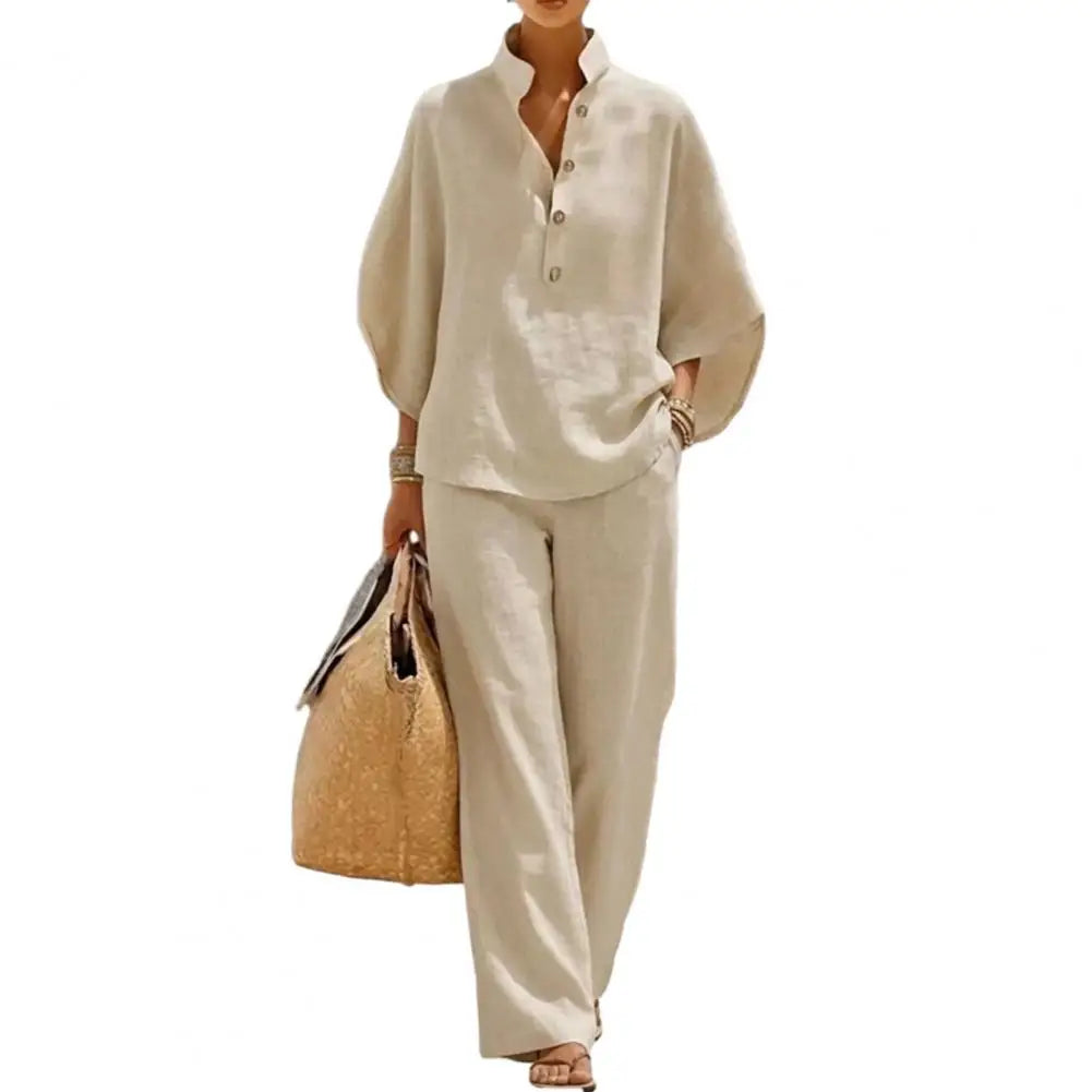 Coordinated Women Clothing Breathable Summer Outfit Women’s Batwing Sleeve Linen Two-piece Set Shirt Wide Leg Pants Outfit