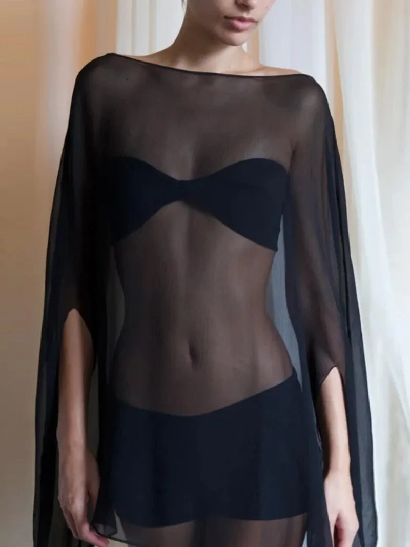 Women's Chiffon See-through Blouse — Elegant Sexy Night Club Cover-up Top