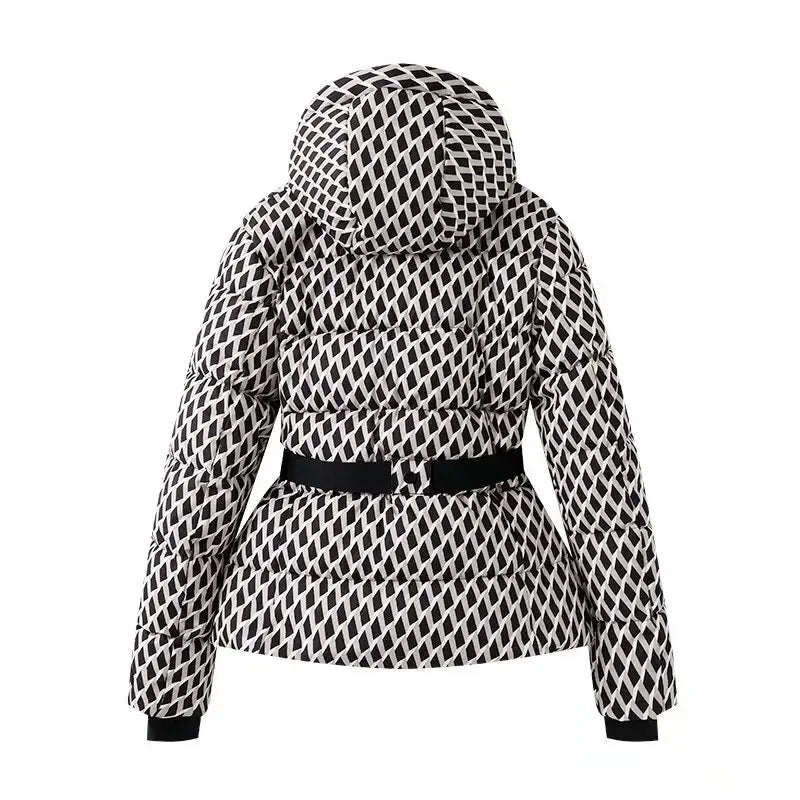 Women's Hooded Down Cotton Jacket with Belt — Warm Windproof Commuter Coat