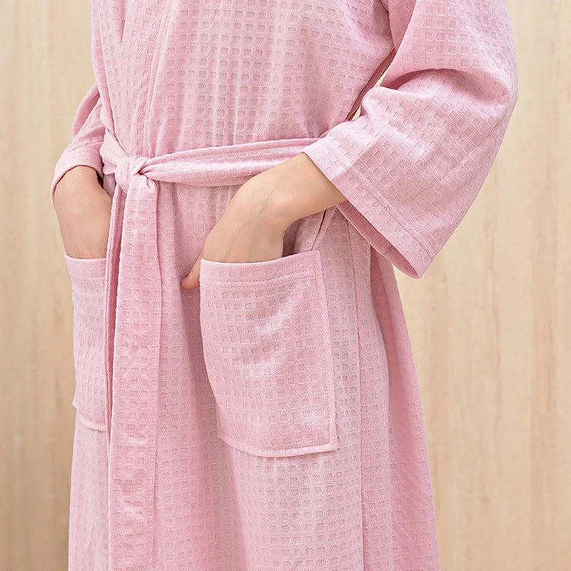 Unisex Waffle Plaid Dressing Gown — Lightweight Breathable Summer Bathrobe