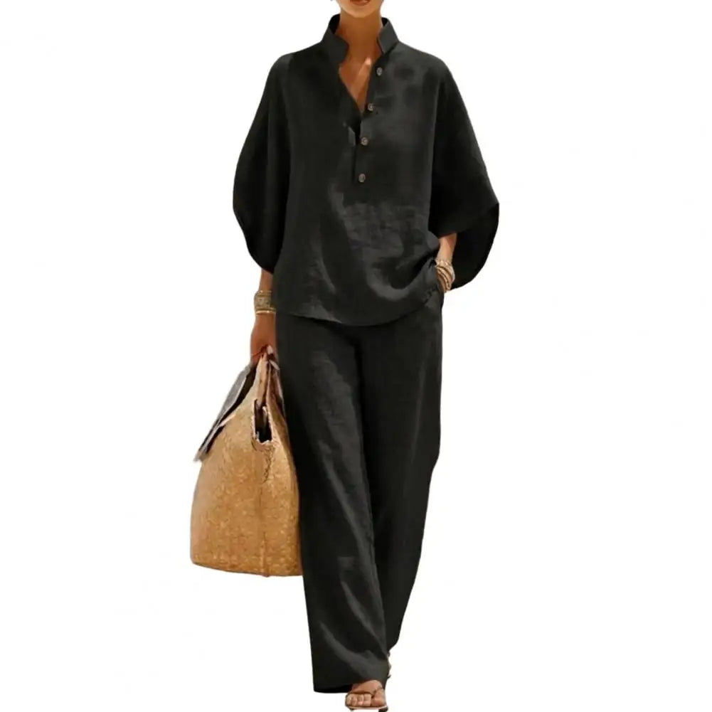 Coordinated Women Clothing Breathable Summer Outfit Women’s Batwing Sleeve Linen Two-piece Set Shirt Wide Leg Pants Outfit
