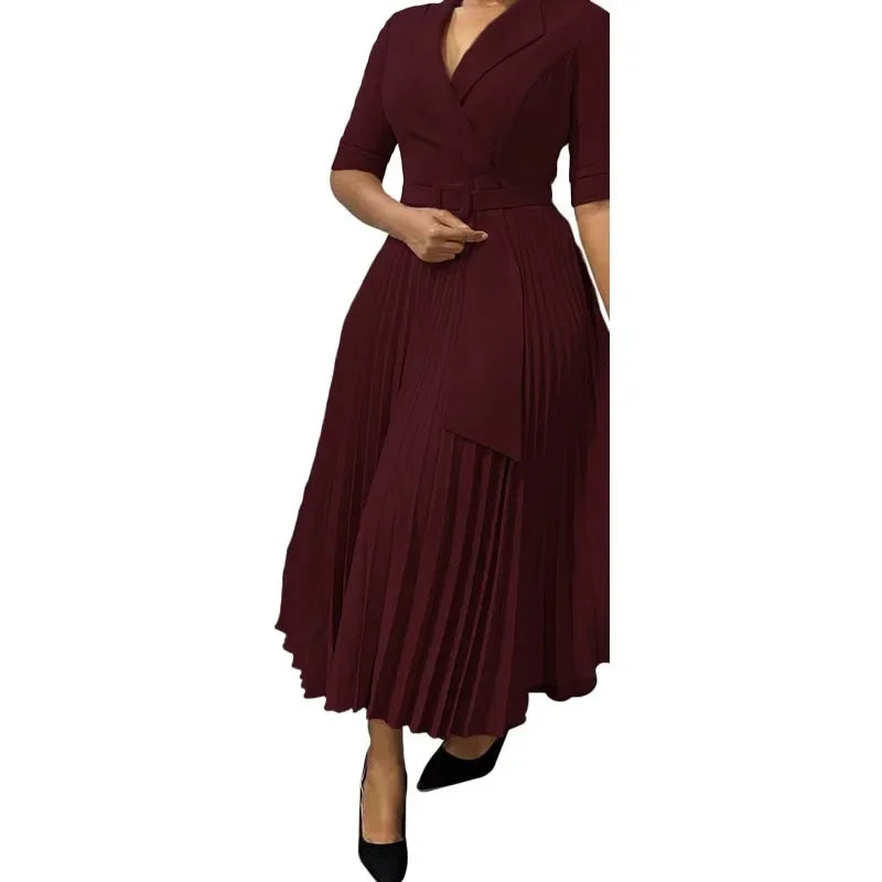 Summer New Women Clothing Elegant Office Dresses Pleated Woman Notched Collar Half Sleeve Belt Waisted Mid Female Vestidos