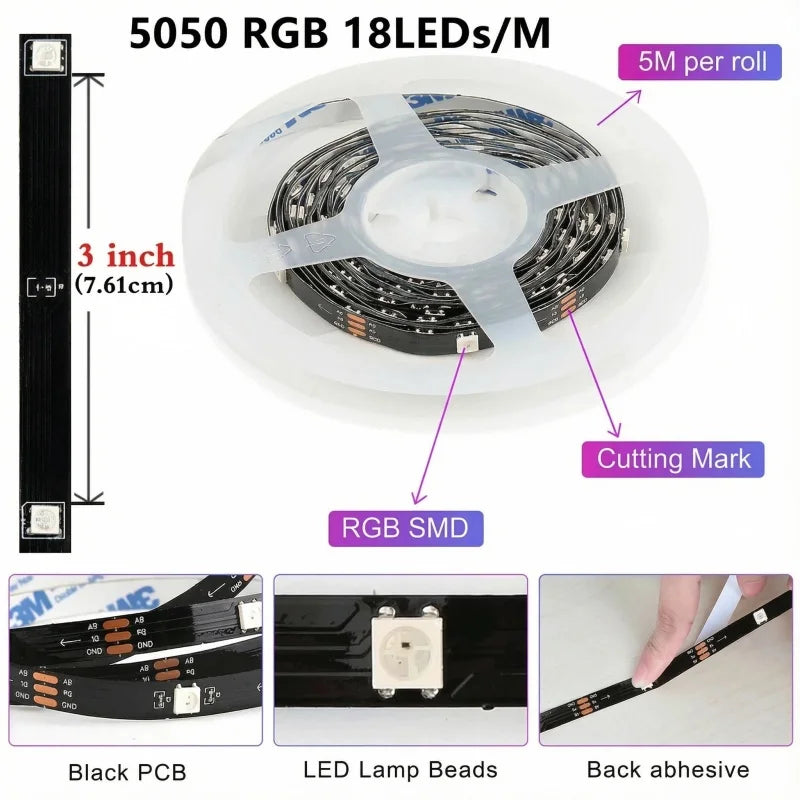Smart LED Strip Lights 1m-20m Music Sync RGB 5V with App & Remote Control for Christmas Party Room Decoration Lighting