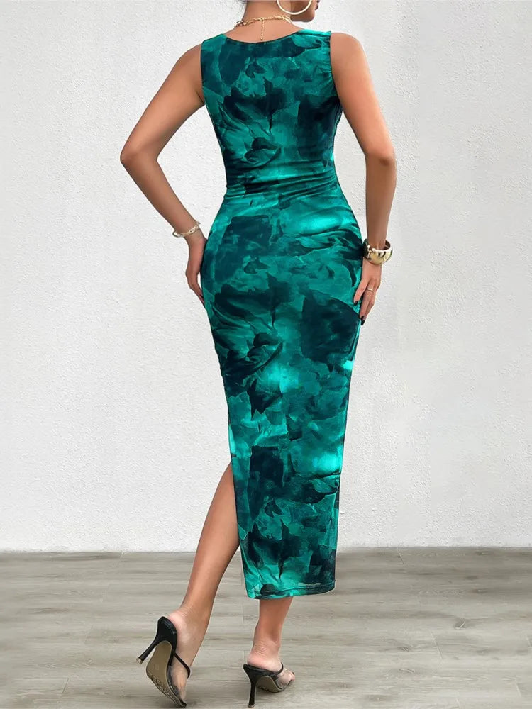 Women's Clothing 2024 Spring Summer New Fashionable Printed Temperament Slim Fit Sexy Sleeveless Tight Fitting Dress