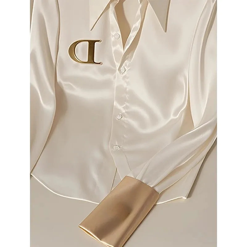 Women's Acetate Satin Blouse — High-End Niche Cool White Office Shirt