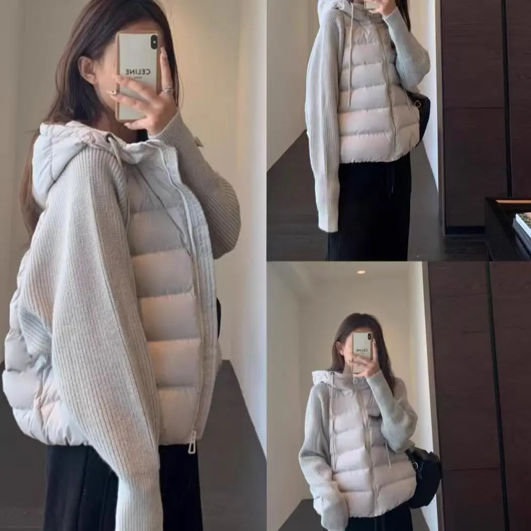Women's Knitted Splicing Down Cotton Coat — Warm Versatile Short Winter Jacket