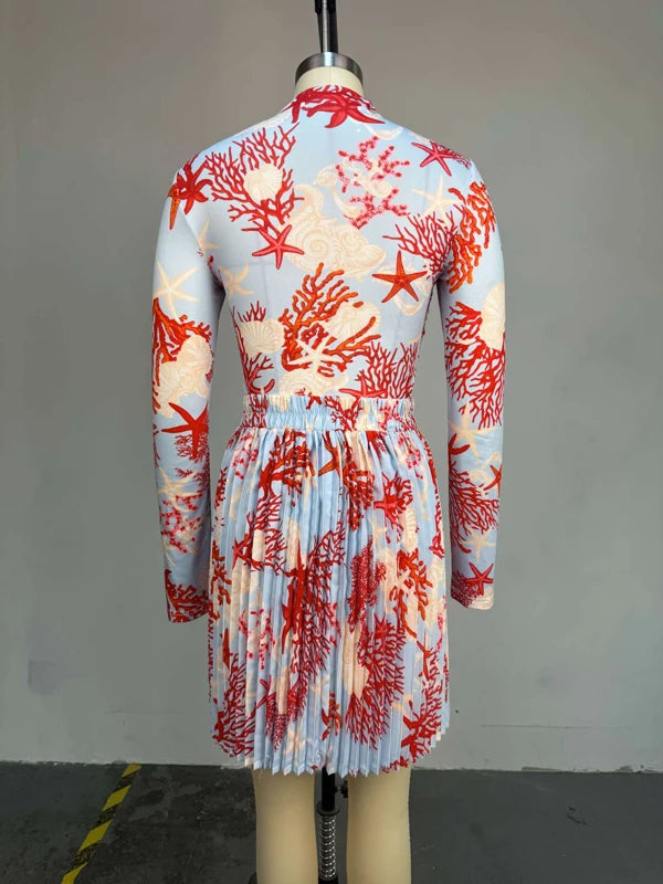 Women Clothing 2 Pieces Print Long Sleeve Shirt Top and Pleated Mini Skirt Luxury Fashion Wear Elegant Party Birthday Dress Set