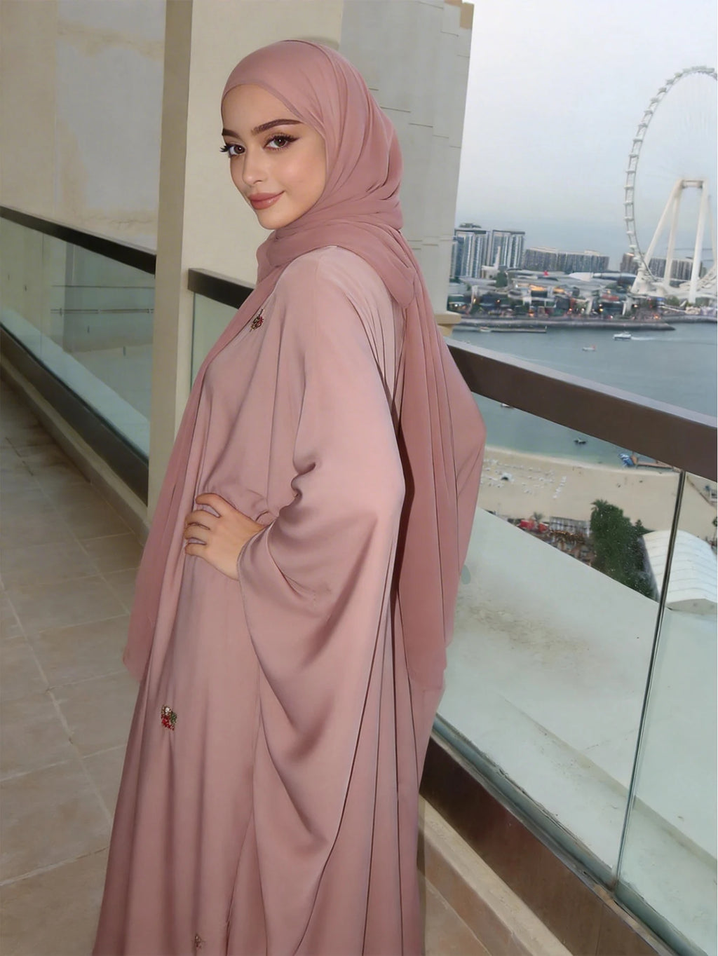 Women's Elegant Islamic Clothing, Pink Embroidered Robe, Loose Batwing Sleeve Arab Abaya