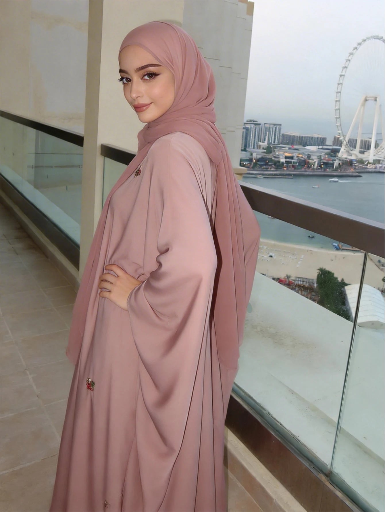 Women's Elegant Islamic Clothing, Pink Embroidered Robe, Loose Batwing Sleeve Arab Abaya