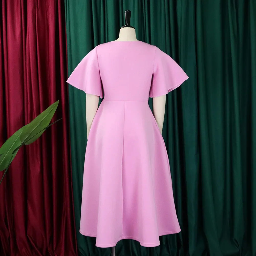 Elegant Dresses for Women V Neck Flare Sleeve High Waisted Pleated A Line Mid Calf Luxury Birthday Party Dinner Vestidos Mujer