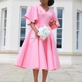 Elegant Dresses for Women V Neck Flare Sleeve High Waisted Pleated A Line Mid Calf Luxury Birthday Party Dinner Vestidos Mujer