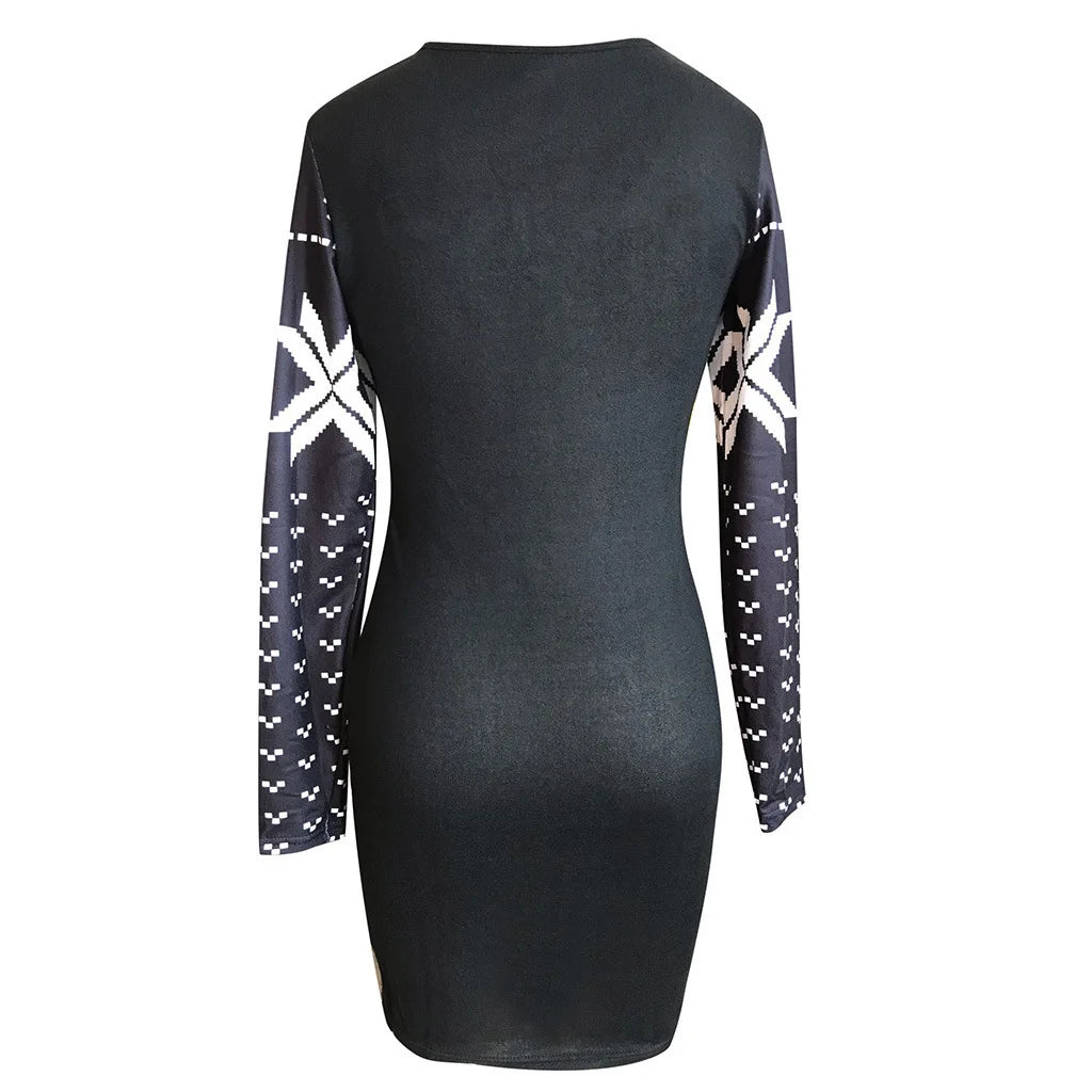 Women's Clothing Autumn Christmas Printed Tight Hip-hugging Dress Long-sleeved Slimming T-shirt Short Skirt