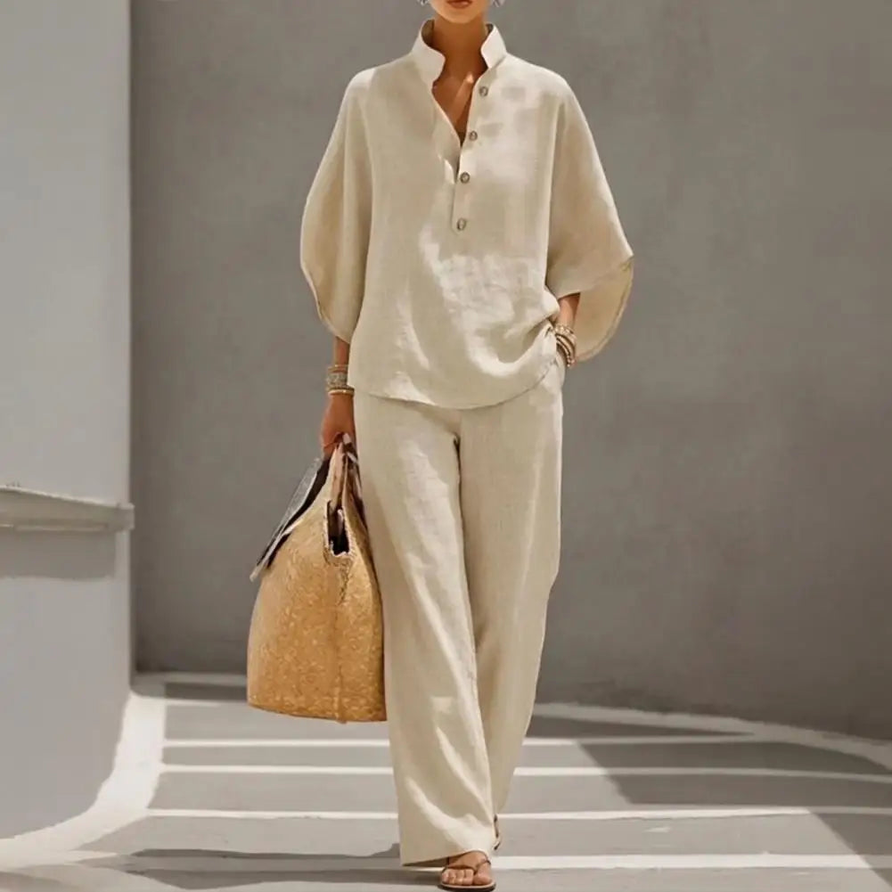 Coordinated Women Clothing Breathable Summer Outfit Women’s Batwing Sleeve Linen Two-piece Set Shirt Wide Leg Pants Outfit