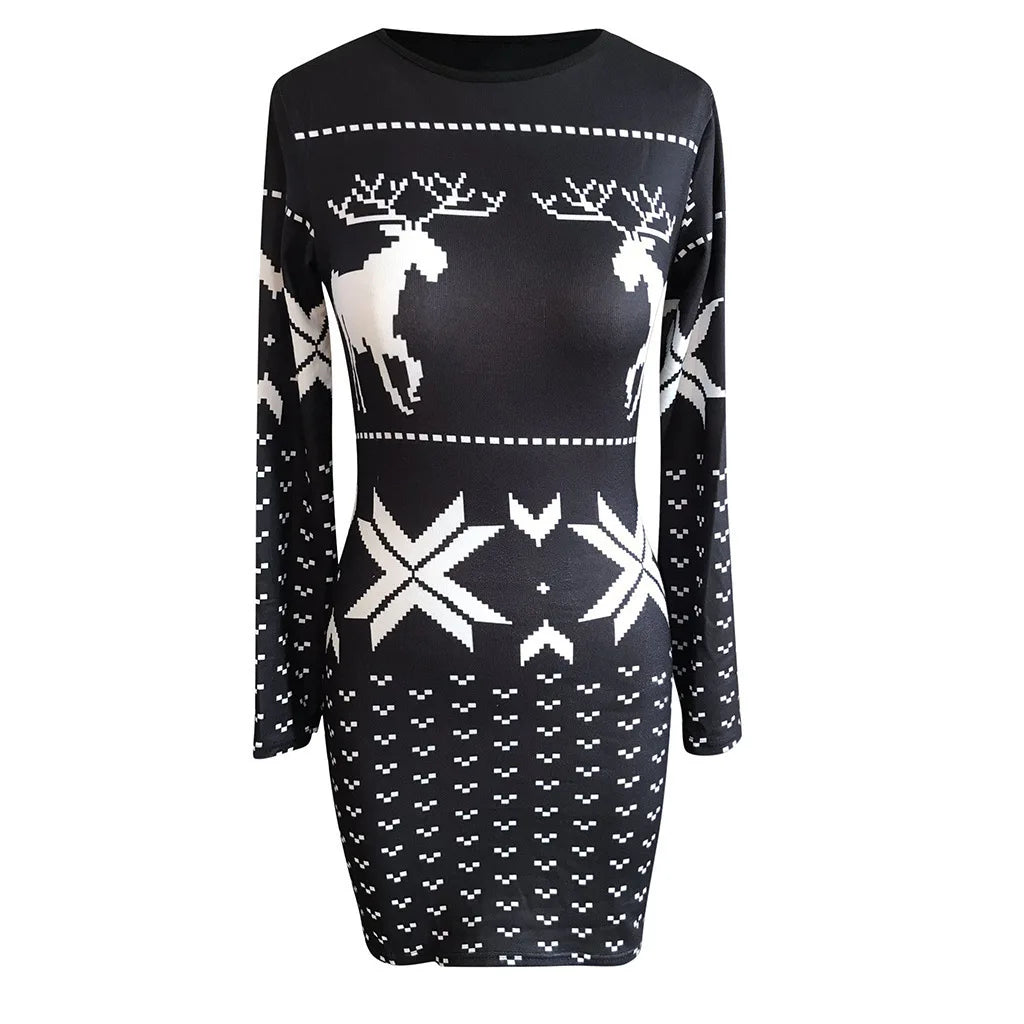 Women's Clothing Autumn Christmas Printed Tight Hip-hugging Dress Long-sleeved Slimming T-shirt Short Skirt