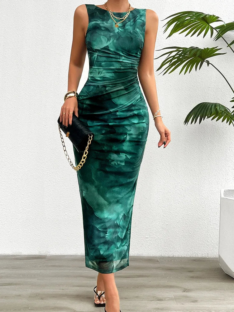Women's Clothing 2024 Spring Summer New Fashionable Printed Temperament Slim Fit Sexy Sleeveless Tight Fitting Dress