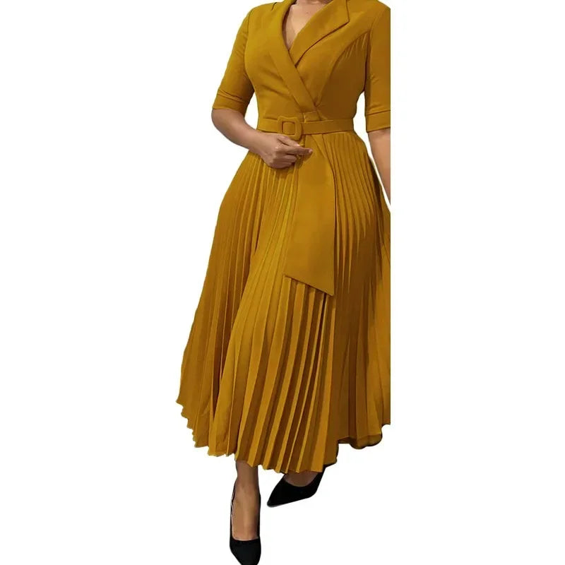 Summer New Women Clothing Elegant Office Dresses Pleated Woman Notched Collar Half Sleeve Belt Waisted Mid Female Vestidos