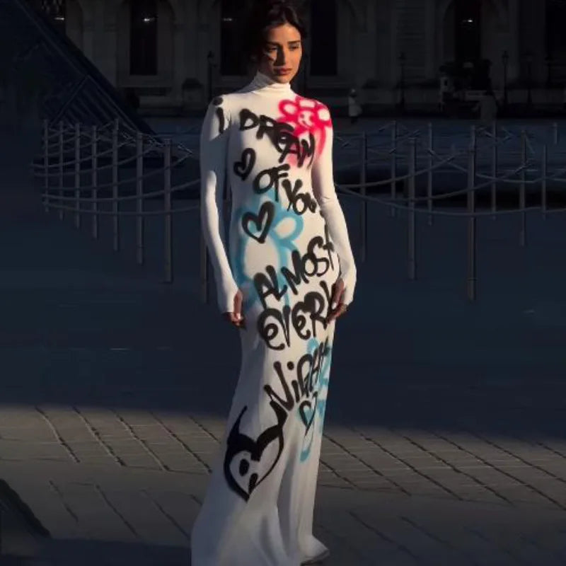 Women's High-Neck Colour Block Graffiti Long Dress — Slim Fit Bodycon Maxi
