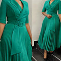 Summer New Women Clothing Elegant Office Dresses Pleated Woman Notched Collar Half Sleeve Belt Waisted Mid Female Vestidos