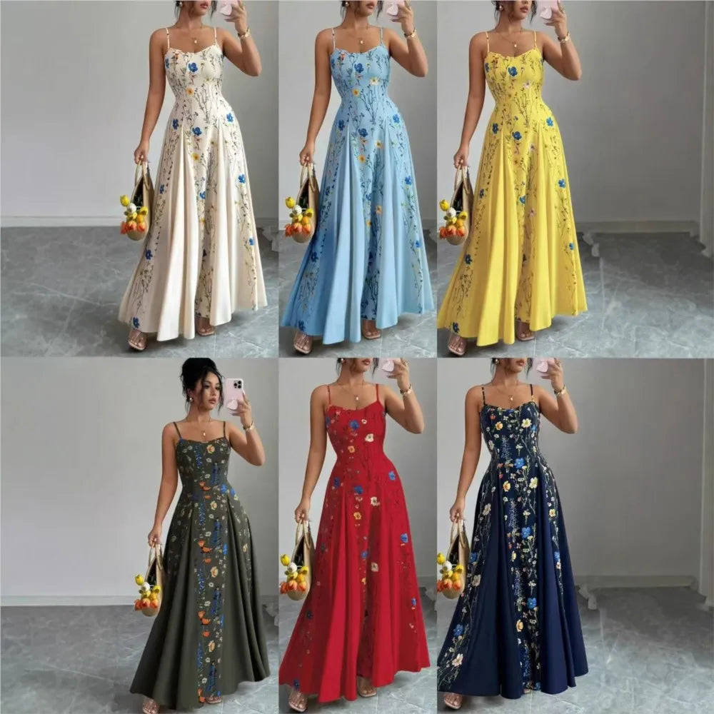 Women's Clothing Dresses For Ladies Spaghetti Strap Vestido Simple Style Temperament Printed Slim Sling Sleeveless Contrast