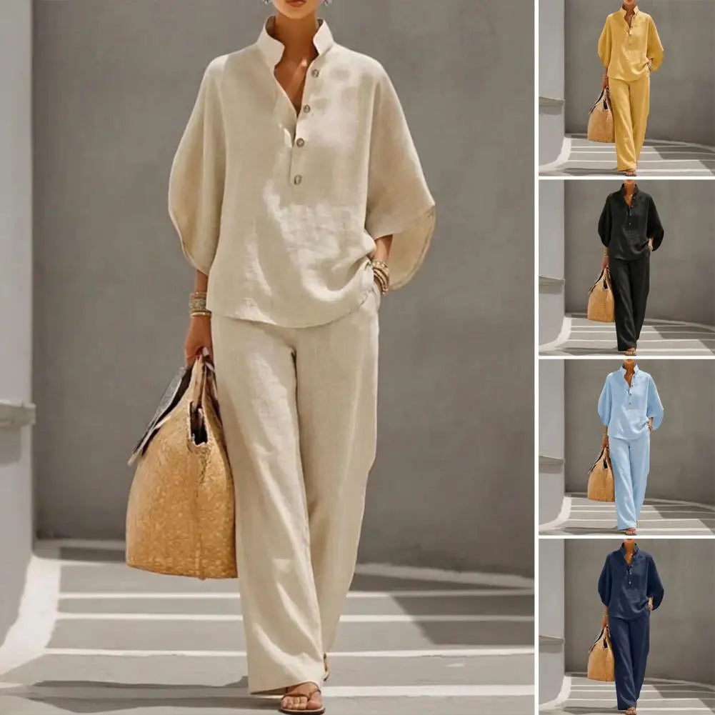 Coordinated Women Clothing Breathable Summer Outfit Women’s Batwing Sleeve Linen Two-piece Set Shirt Wide Leg Pants Outfit