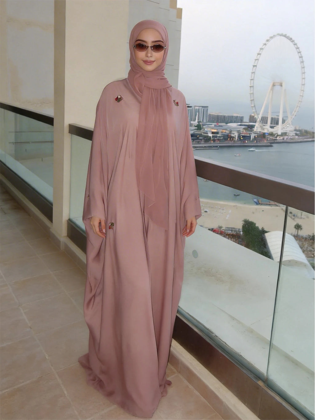 Women's Elegant Islamic Clothing, Pink Embroidered Robe, Loose Batwing Sleeve Arab Abaya