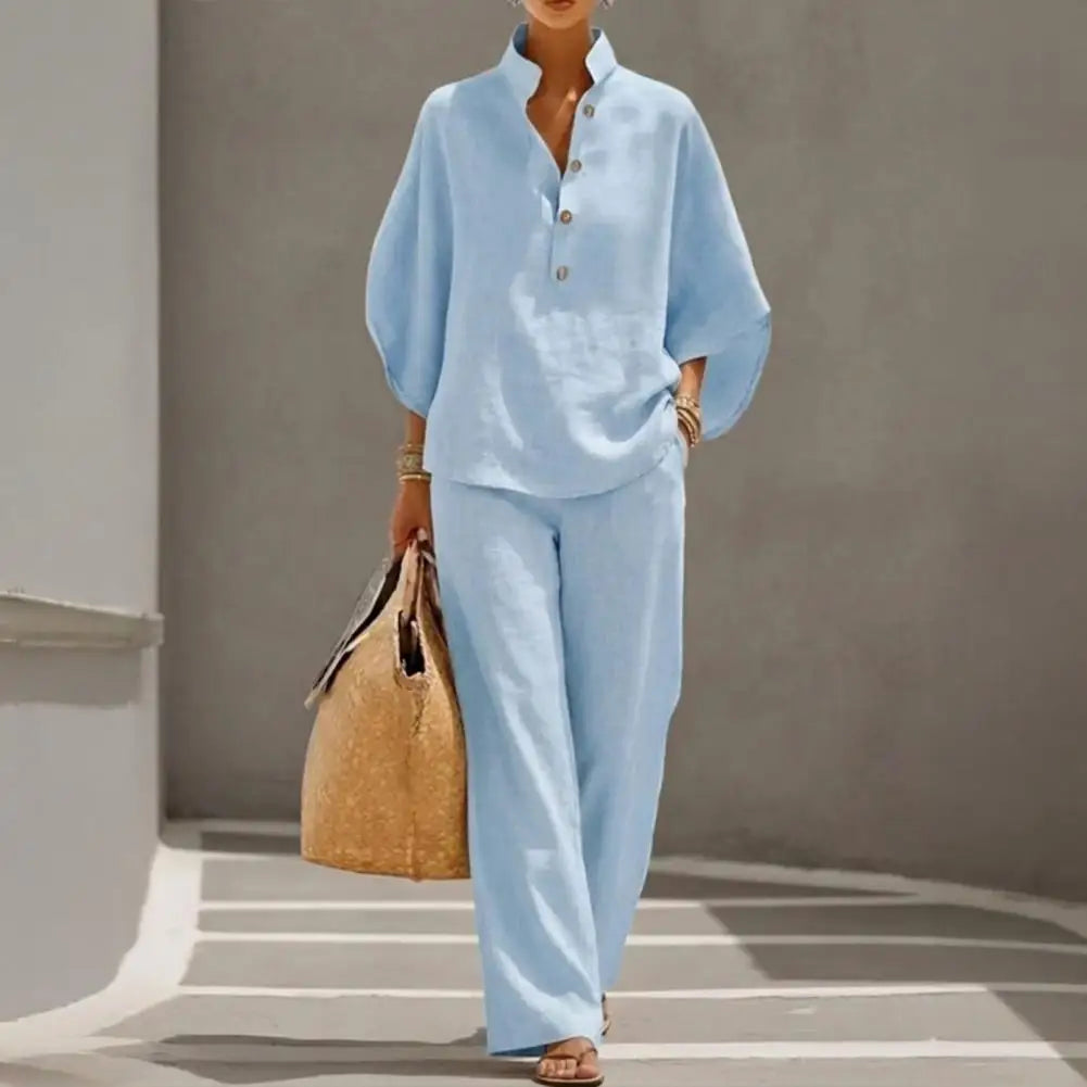 Coordinated Women Clothing Breathable Summer Outfit Women’s Batwing Sleeve Linen Two-piece Set Shirt Wide Leg Pants Outfit