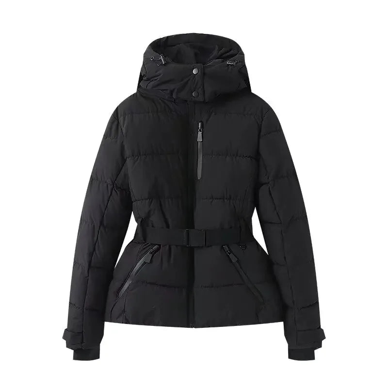 Women's Hooded Down Cotton Jacket with Belt — Warm Windproof Commuter Coat