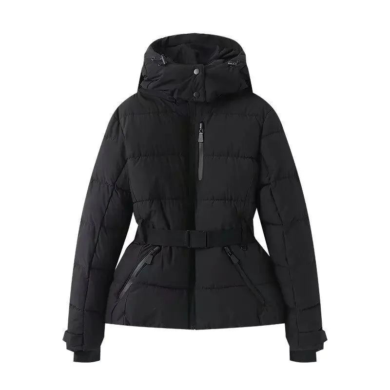 Women's Hooded Down Cotton Jacket with Belt — Warm Windproof Commuter Coat