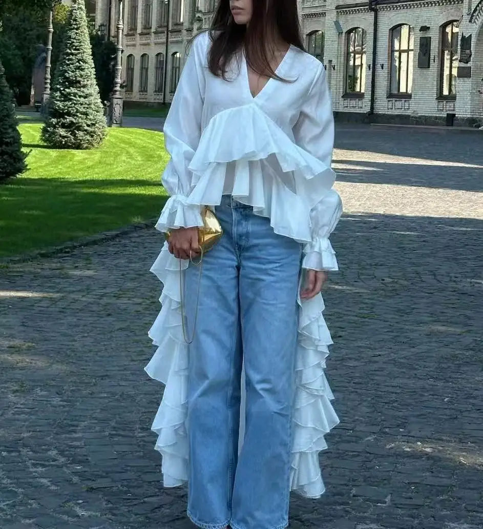 Women's Clothing 2025 Spring And Summer New Sweet And Fresh V-neck Long Sleeved Irregular Hem Shirt Women's Top