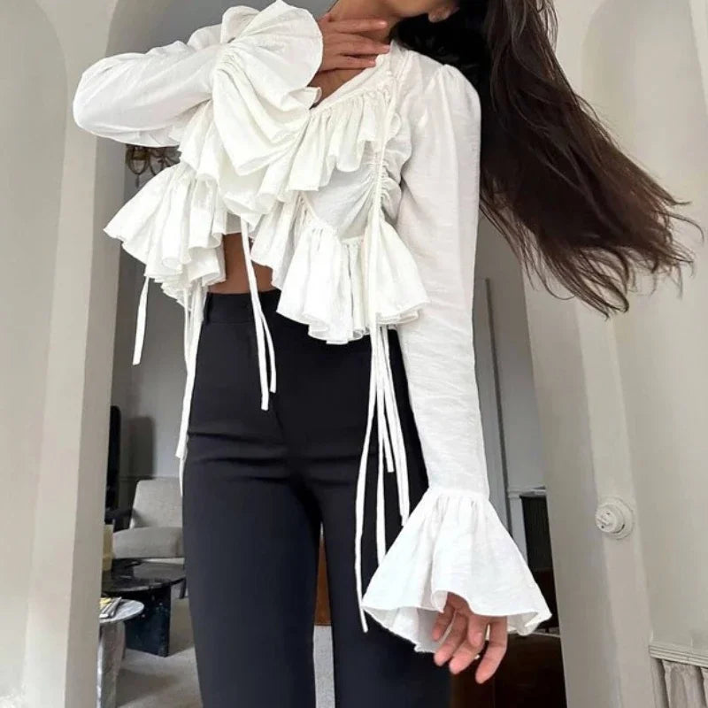 Women's clothing  spring new design ruffle edge horn sleeve lace-up top versatile shirt