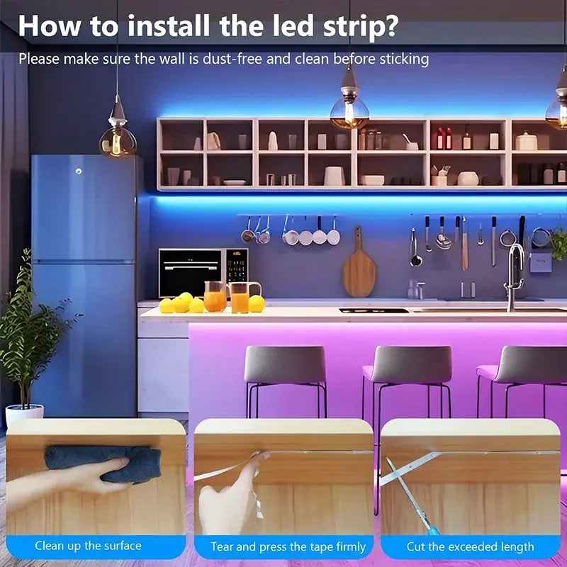Smart LED Strip Lights with Adhesive Backing，RGB 16 Million Colors Strip Lamp with App/Remote，Adjustable Brightness，Music Sync