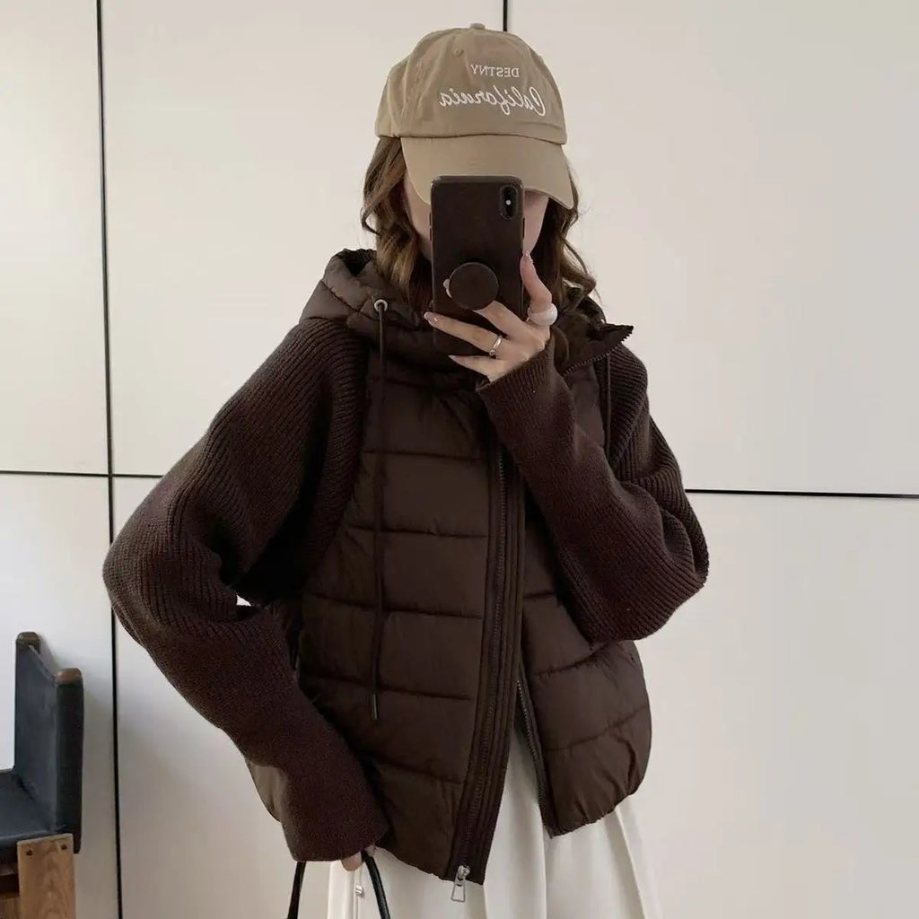 Women's Knitted Splicing Down Cotton Coat — Warm Versatile Short Winter Jacket