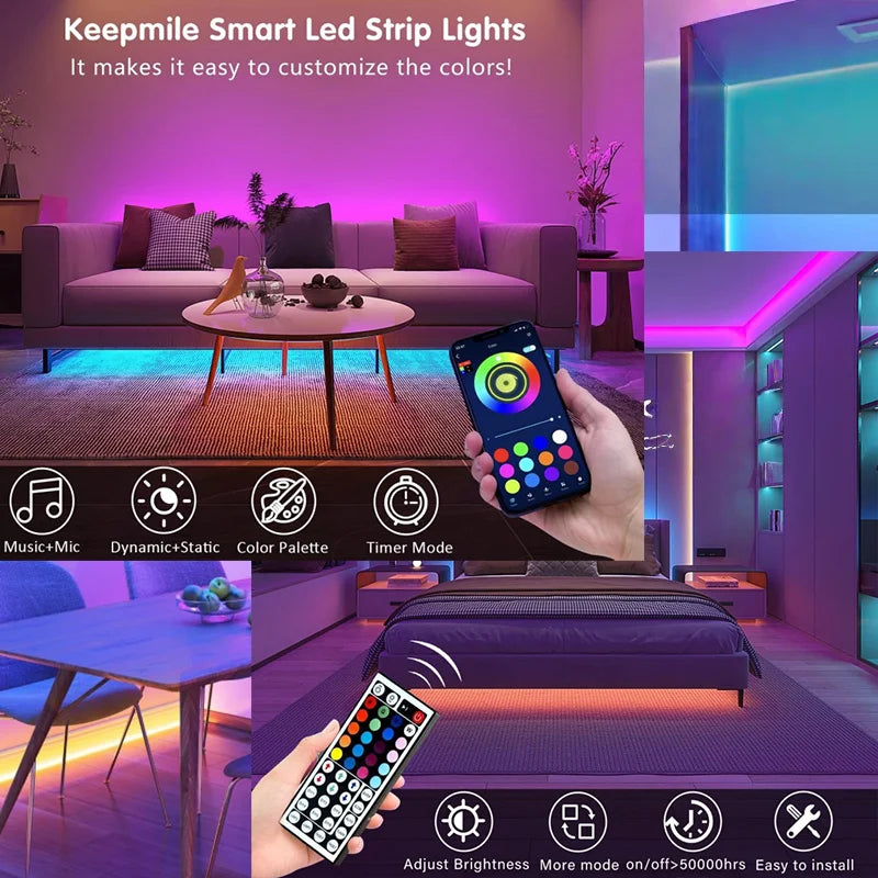 Smart LED Strip Lights 1m-20m Music Sync RGB 5V with App & Remote Control for Christmas Party Room Decoration Lighting