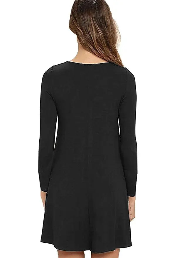 Women's Clothing New Autumn Winter Dress Solid Color Round Neck Swing Pocket Swing