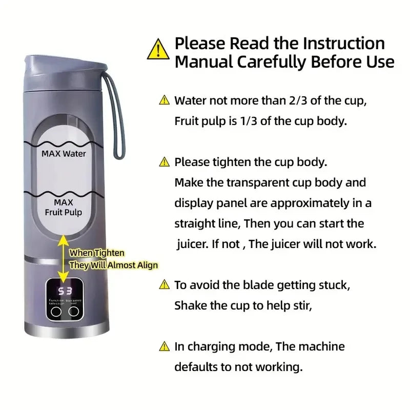 Portable juicer, handheld blender, USB charging juice maker, suitable for making smoothies, milkshakes, and fruit juices
