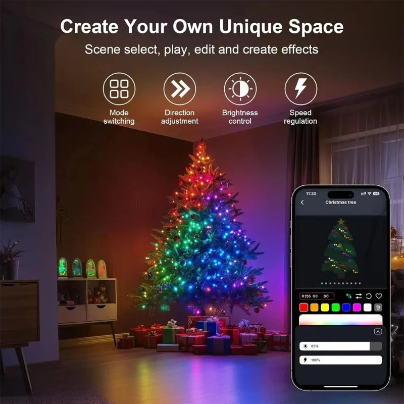 Smart RGB LED Strip Light 20M Fairy String Lights W/ APP Control Music Sync 12 Modes USB Powered for Xmas Home Decor
