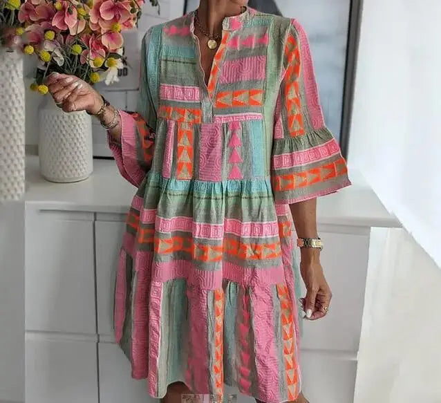 Women's Printed V-Neck Dress — 3/4 Sleeve Casual Summer Dress