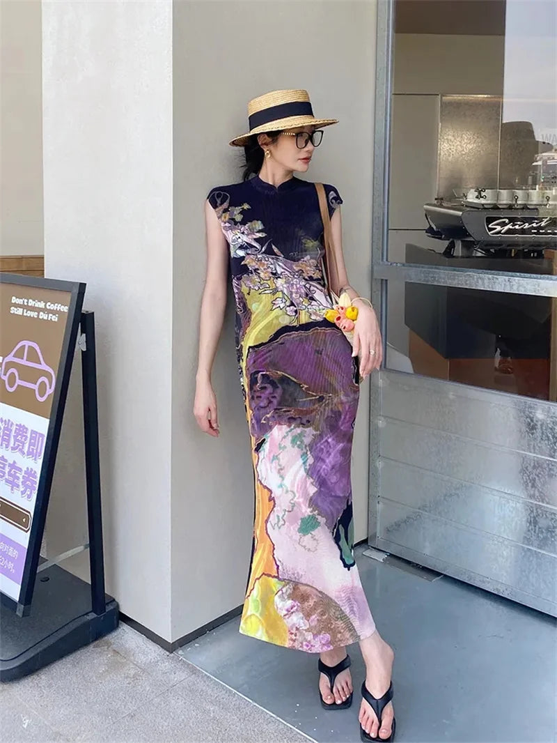 Women's Miyake Pleated Print Fishtail Dress — Chinese Style Cheongsam Summer Skirt