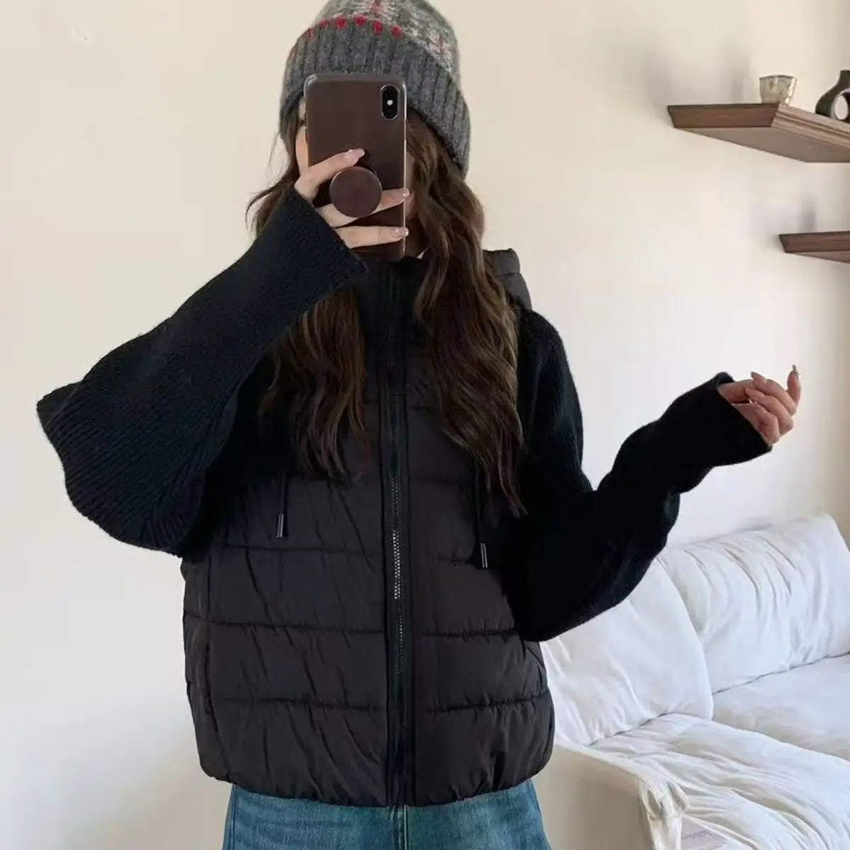 Women's Knitted Splicing Down Cotton Coat — Warm Versatile Short Winter Jacket