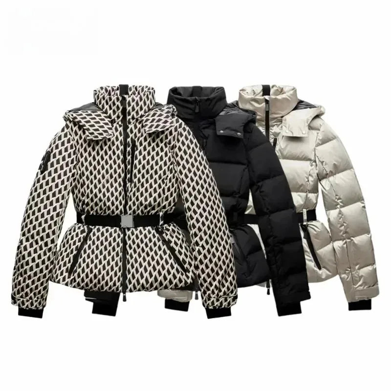Women's Hooded Down Cotton Jacket with Belt — Warm Windproof Commuter Coat