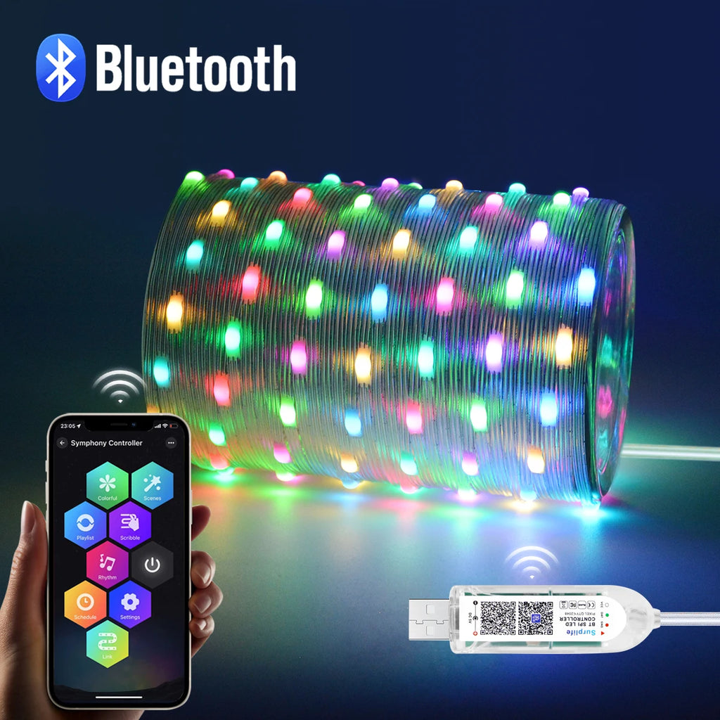 Smart RGBIC LED Strip Light, Bluetooth, USB, 20m, Waterproof, String Light, Room, Outdoor, Garden, Fairy Lights, DIY Decoration
