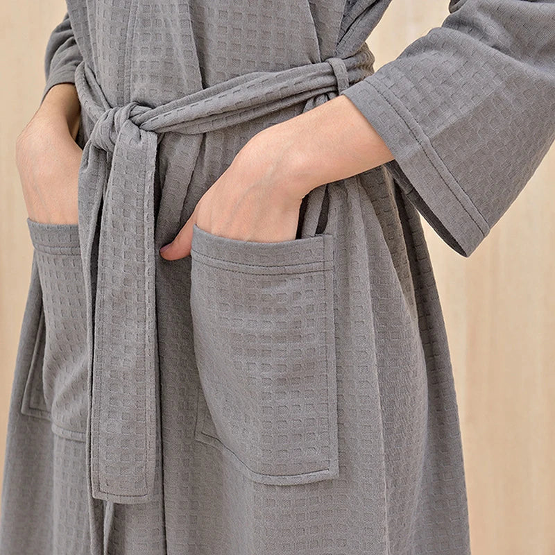 Unisex Waffle Plaid Dressing Gown — Lightweight Breathable Summer Bathrobe
