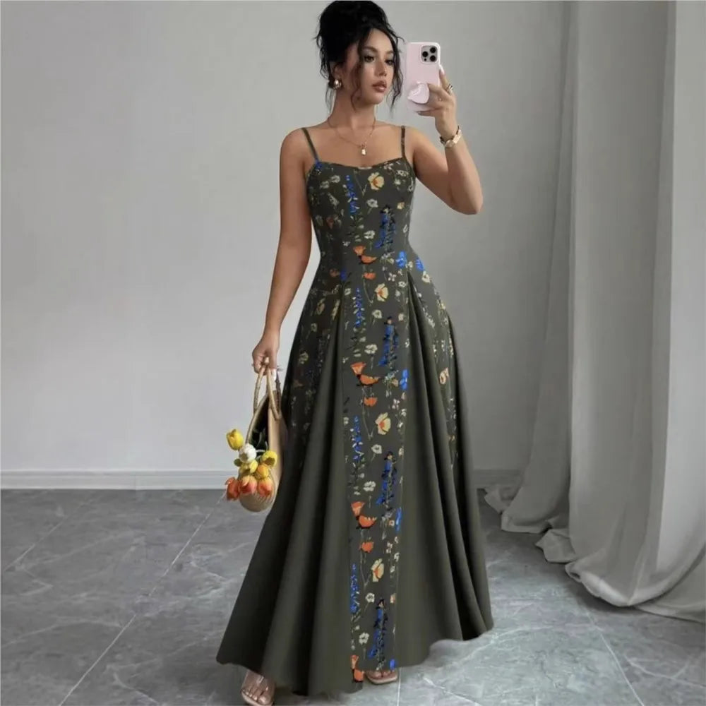 Women's Clothing Dresses For Ladies Spaghetti Strap Vestido Simple Style Temperament Printed Slim Sling Sleeveless Contrast