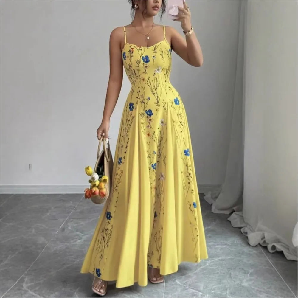 Women's Clothing Dresses For Ladies Spaghetti Strap Vestido Simple Style Temperament Printed Slim Sling Sleeveless Contrast