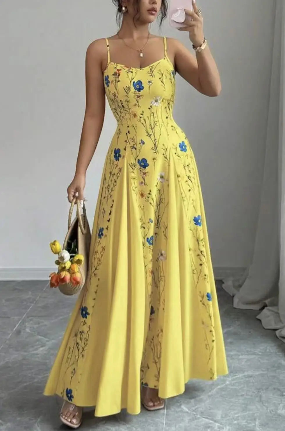 Women's Clothing Dresses For Ladies Spaghetti Strap Vestido Simple Style Temperament Printed Slim Sling Sleeveless Contrast